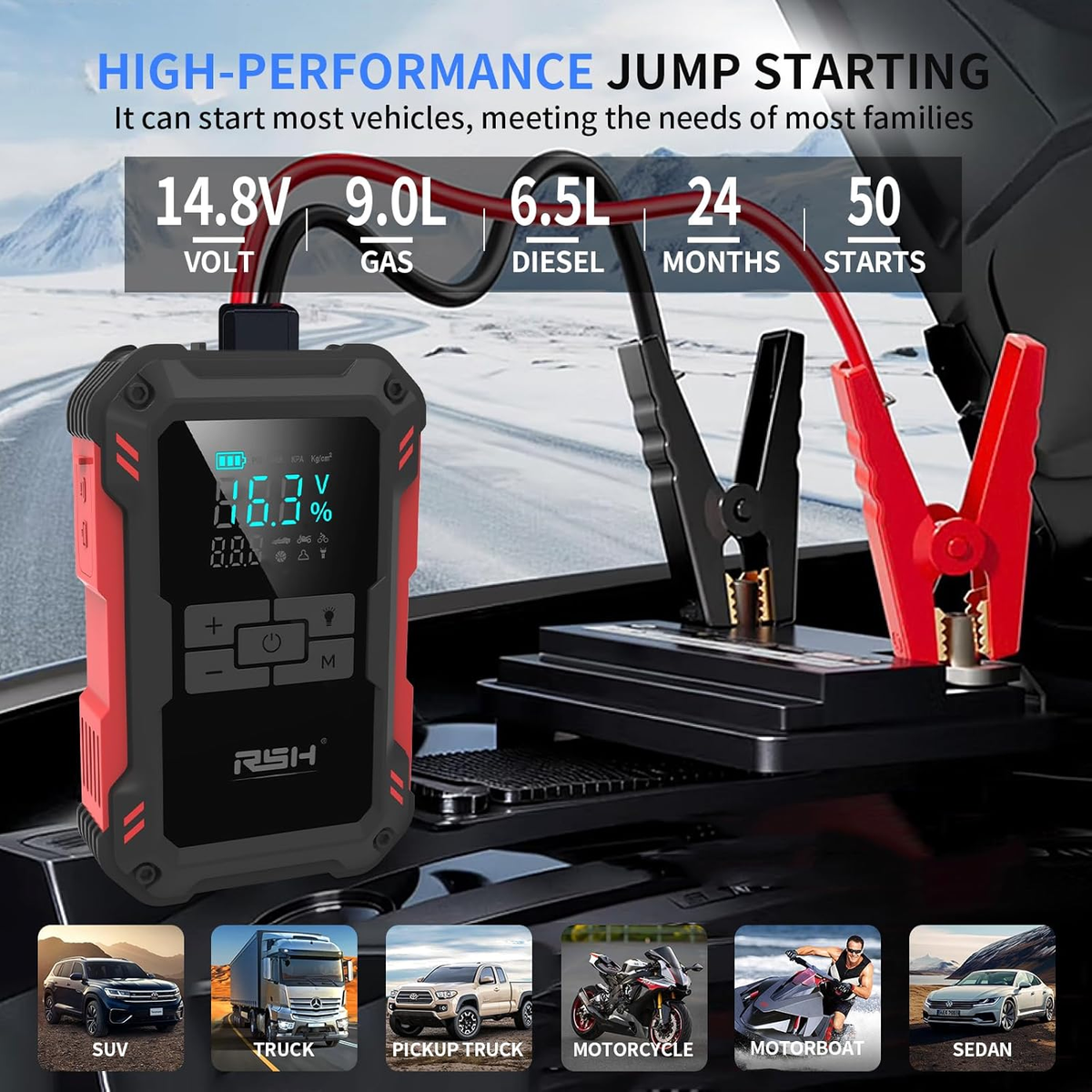Car Jump Starter with Air Compressor 4000A Peak Battery Jump Starter 12V 150PSI Jump Box (Up to 9L Gas,7.0L Diesel Engine) Auto Booster,Led Light & 15000MA with 65W USB Quick Charger and Type C