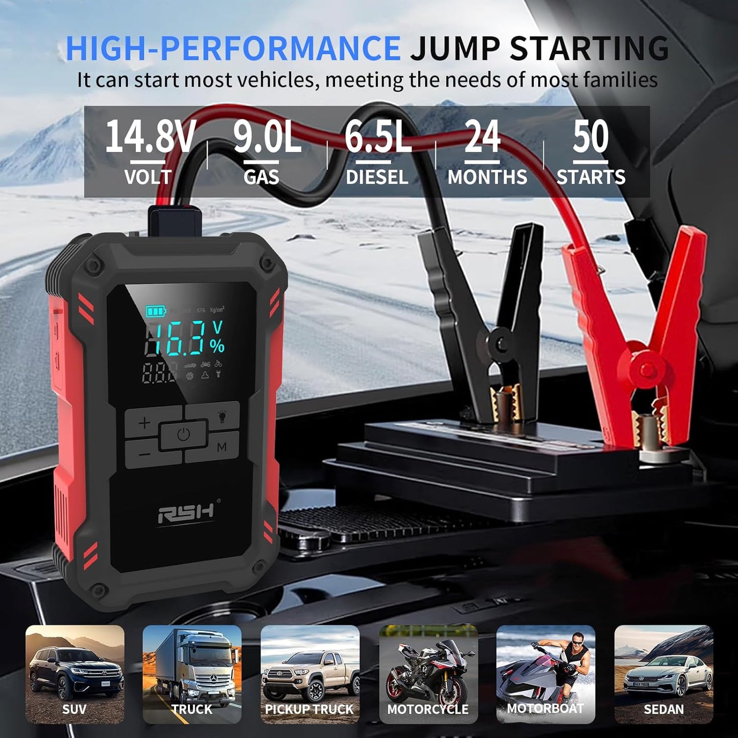 Car Jump Starter with Air Compressor 4000A Peak Battery Jump Starter 12V 150PSI Jump Box (Up to 9L Gas,7.0L Diesel Engine) Auto Booster,Led Light & 15000MA with 65W USB Quick Charger and Type C