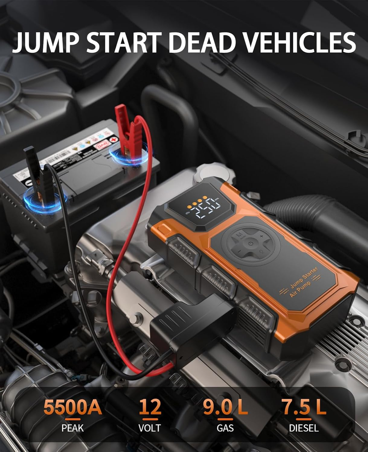 Jump Starter with Air Compressor, 5500A Car Battery Charger Power Jump Box Start 12V Vehicles(Up to 9.0L Gas&7.5L Diesel Engines) Portable Car Booster Jumper Pack Combo150 PSI Tire Inflator