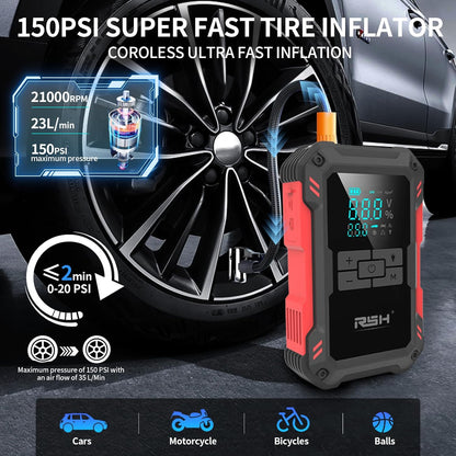 Car Jump Starter with Air Compressor 4000A Peak Battery Jump Starter 12V 150PSI Jump Box (Up to 9L Gas,7.0L Diesel Engine) Auto Booster,Led Light & 15000MA with 65W USB Quick Charger and Type C